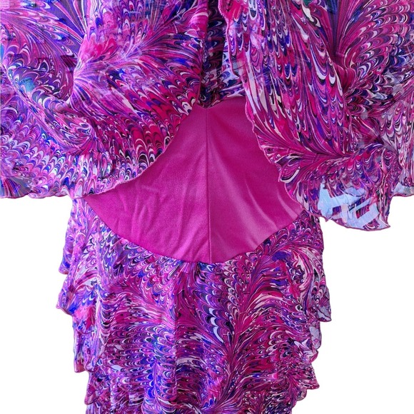 Vintage 70s/80s Hot Pink/Purple Swirl Ruffled Flutter Sleeve Dress Women Size L - Picture 6 of 10